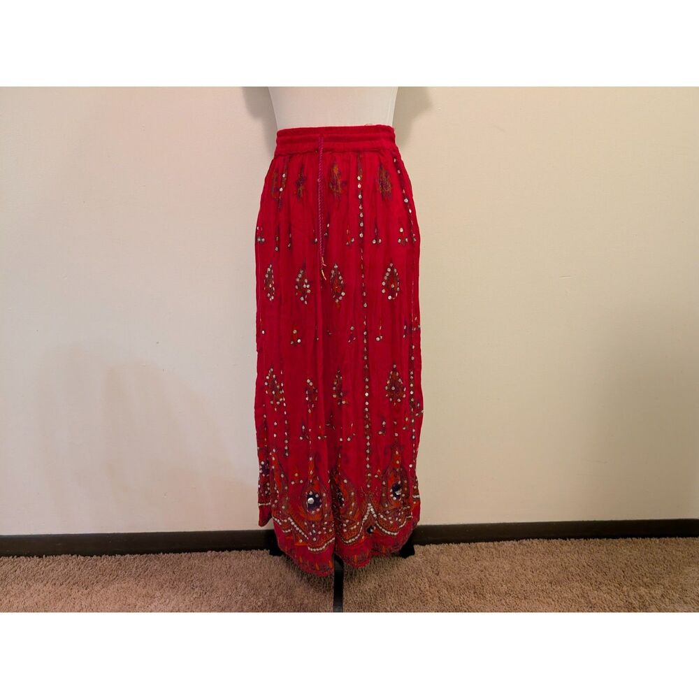 Boho Hot Pink Sequin Paisley Embroidered Maxi Skirt Made In India